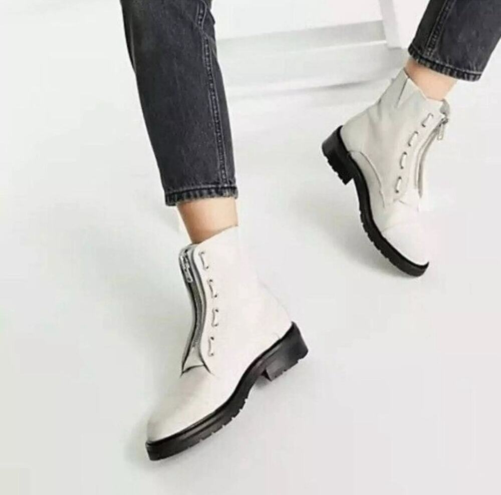 All Saints Ariel Zip Leather Combat Boots Off White Size 38 7.5 Cream Suede